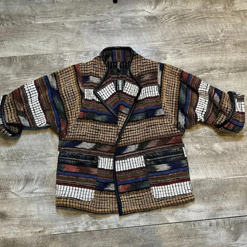 Berek Textural Southwestern Style Jacket Leather Accents & Cuffed Sleeve Size S
